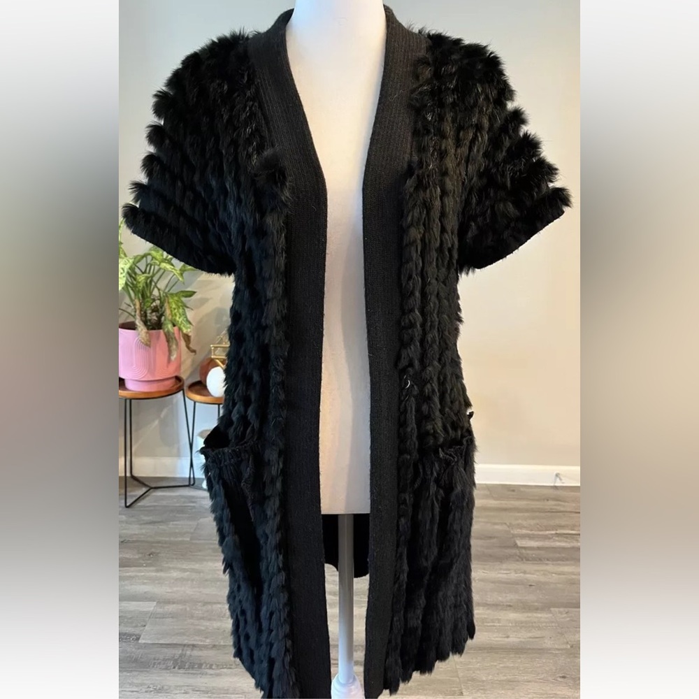 Vintage 90’s Moschino Cheap And Chic Black Rabbit Fur Duster Cardigan Sweater M
